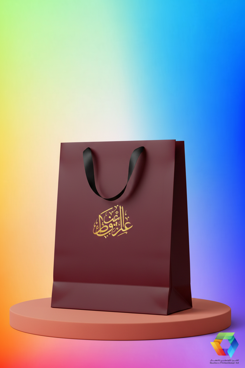 Custom printed burgundy paper bag with black ribbon handles - BPA packaging